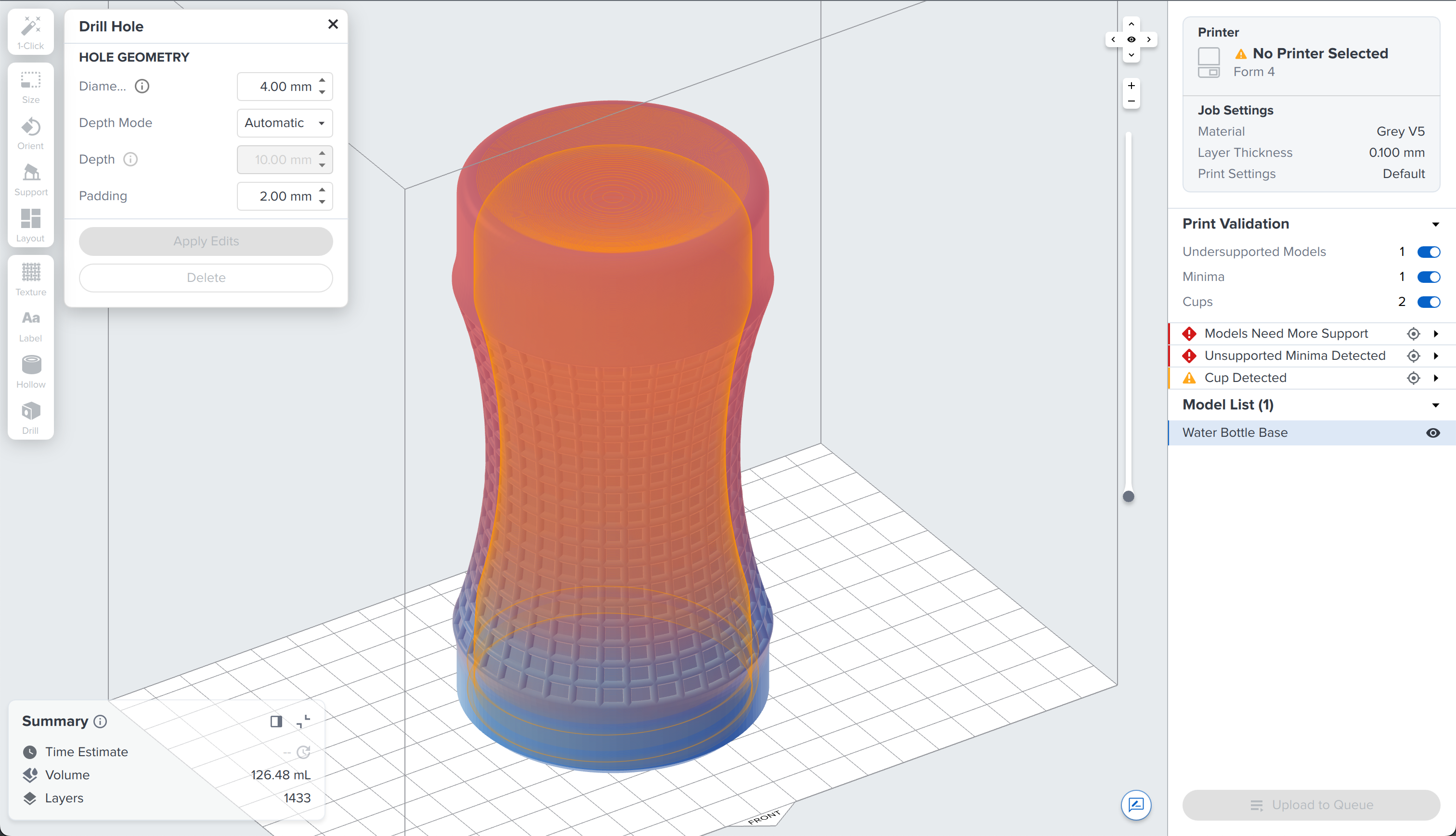PreFormでモデルに水抜き穴を追加する